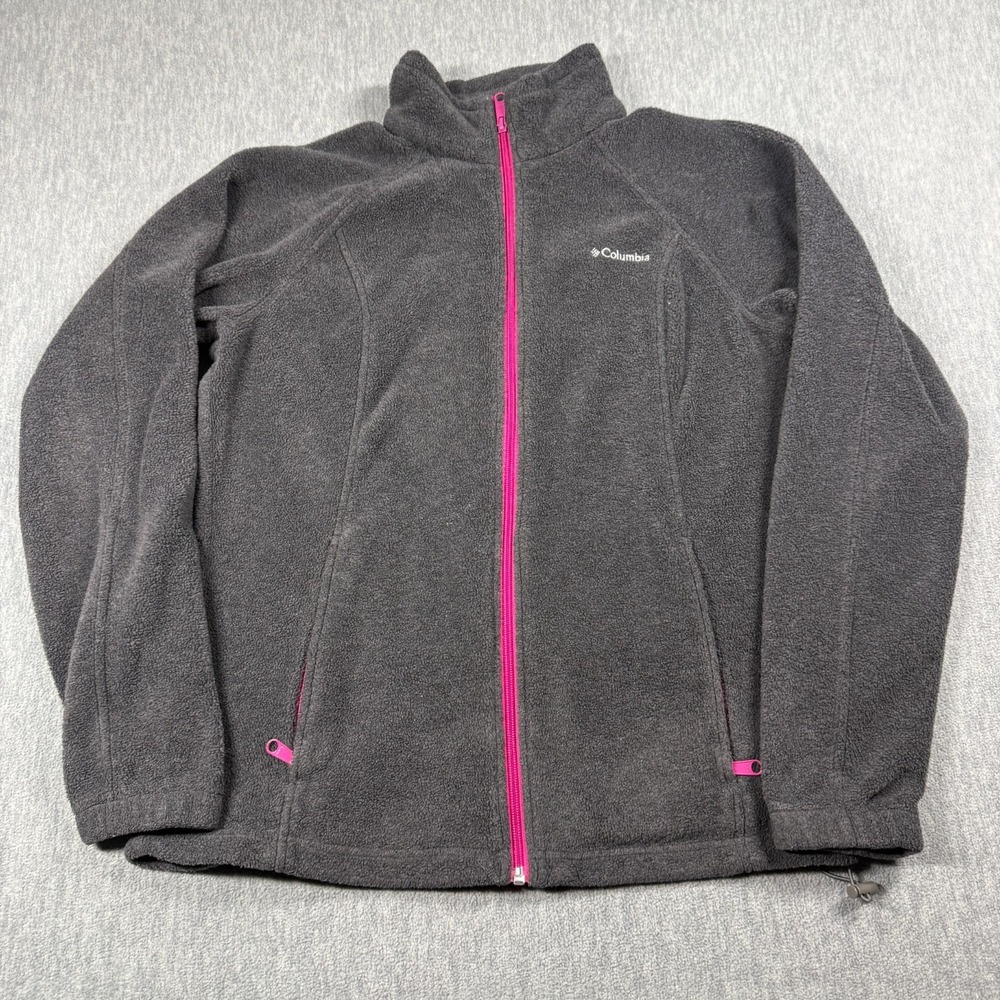 Columbia Fleece Jacket Women L Gray Full Zip Benton Springs Pink Trim Soft Warm